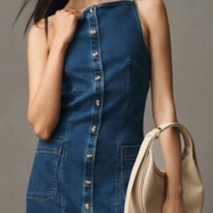 Anthropologie Maeve High Square Neck Button Front Denim Mini Dress XS